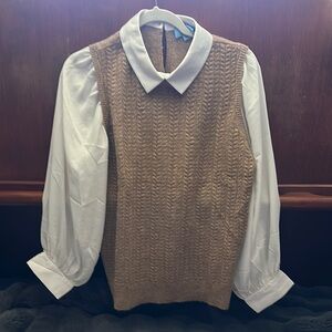 CeCe Tan Knit Vest with White Collar